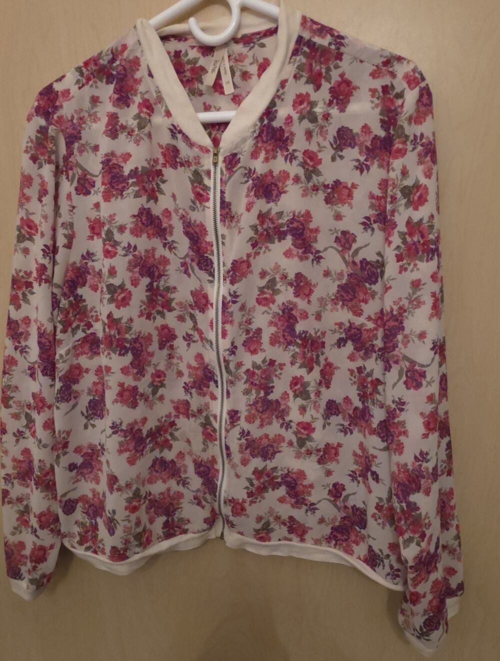 Truth By Republic Jacket Womens 1X Sheer Floral Boho Chic Zipper Front Light